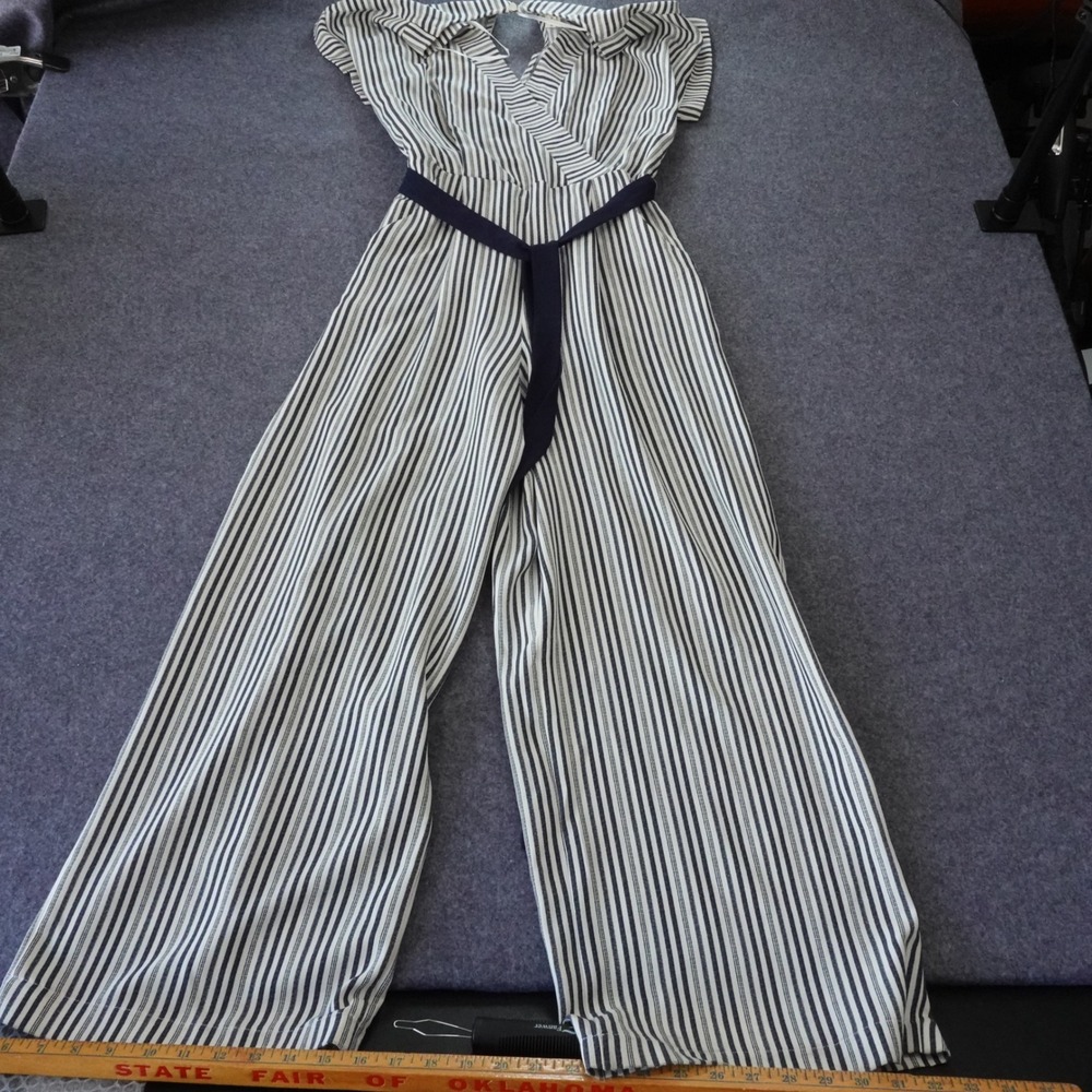 Monteau Los Angeles Striped Wide Leg Jumpsuit Navy White Wrap Front  Large - Picture 2 of 10